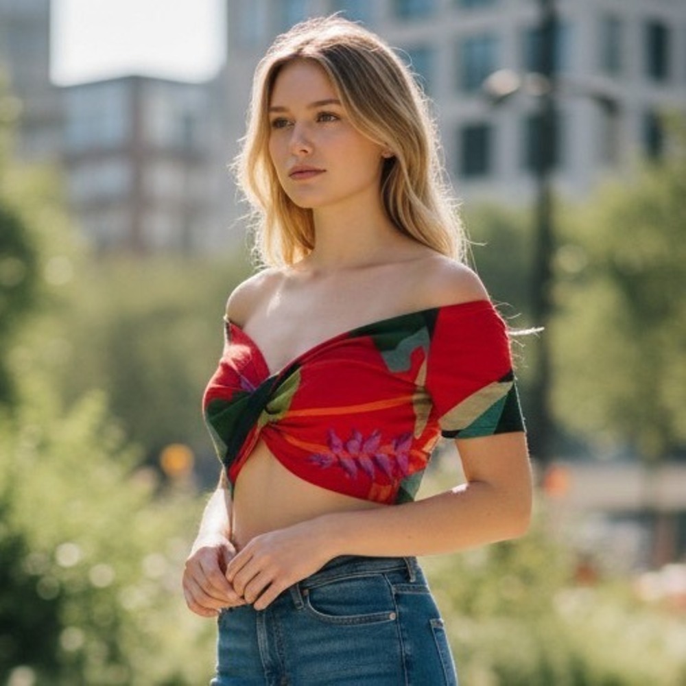 Farm Rio Red Tropical Floral Twist Front Off Shoulder Crop Top Large SN306084